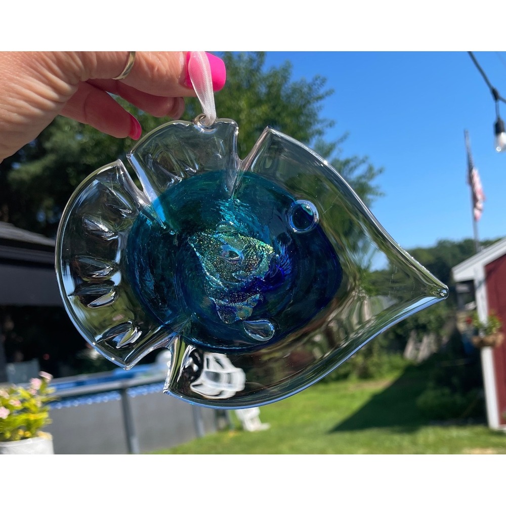 Hand Blown Art Glass Blue Teal Fish Suncatcher Ornament Dichroic Glitter Signed